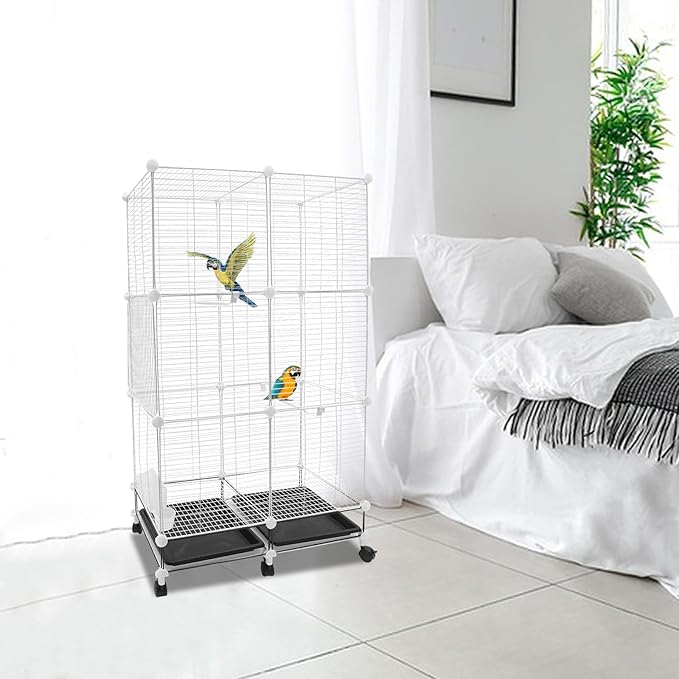 49"H Wrought Iron Bird Cage Large Parrot Cage, 3-Tier Movable BirdCage Parakeet Cage w/Wheels, 360° View Spacious Interactive Bird House Pet Bird Flight Cage for Medium&Small Birds(Iron Mesh)