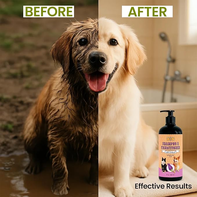 POM Pets 2-in-1 Organic Dog Shampoo & Conditioner – Itchy Skin Relief, Dog Deshedding, Detangles Fur, Cat Shampoo, Paw Cleaner for Dogs, Natural Coat Defense Formula