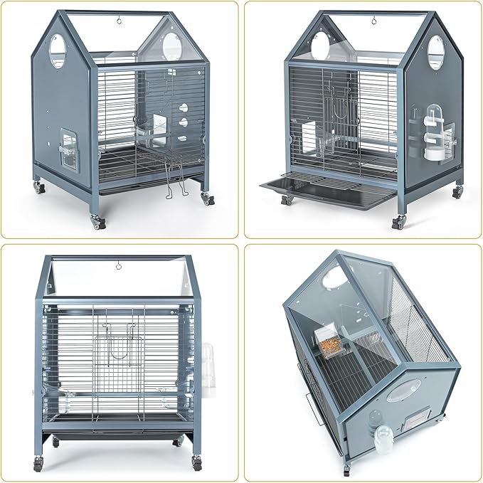 OIIBO Acrylic Bird Cage, 25 Inch Deluxe Rolling Bird Cage with Acrylic Panel Medium Bird Cage Kit with Bird Feeders, Water Bottle, Perch for Parrot Conures Lovebirds Finches Canaries Parakeets
