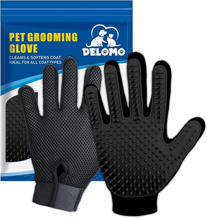 Upgrade Version Pet Grooming Glove - Gentle Deshedding Brush Glove for Dogs, Cats & Horses with Long and Short Fur - Efficient Pet Hair Remover Mitt - Enhanced Five Finger Design - 1 Pair (Black)