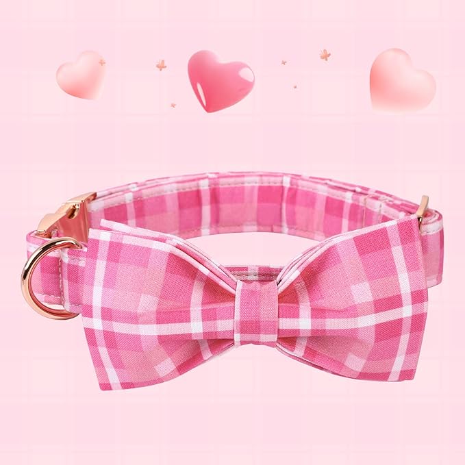 Lionheart glory Pink Plaid Dog Collar, Adjustable Dog Collar with Bowtie, Pet Gift Girl Collar for Dog Soft Bowtie Dog Collars for Small Dogs