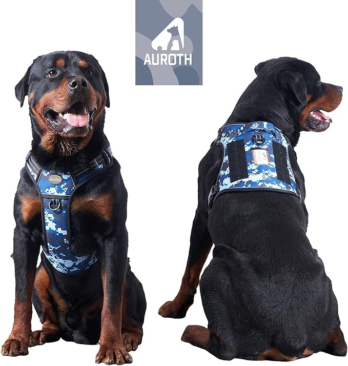 Auroth Tactical Dog Training Harness No Pulling Front Clip Leash Adhesion Reflective K9 Pet Working Vest Easy Control for Small Medium Large Dogs Blue Camo L