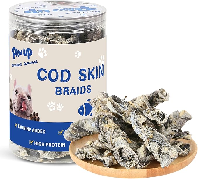 PAWUP Cod Fish Skin Braids Dog Treats Natural Dried Dog Snacks Sticks, High Omega-3 Single Ingredient Cod Skin Chews w/Taurine, 7 oz