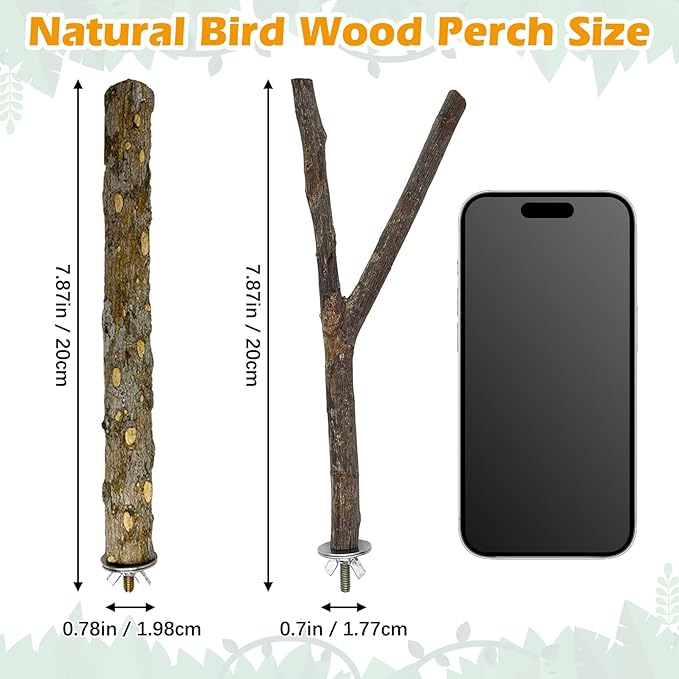 kathson 8 PCS Natural Bird Wood Perch Parakeet Standing Toy Sticks Parrot Paw Grinding Branches Cockatiels Cage Chewable Accessories for Conures Macaws Finches