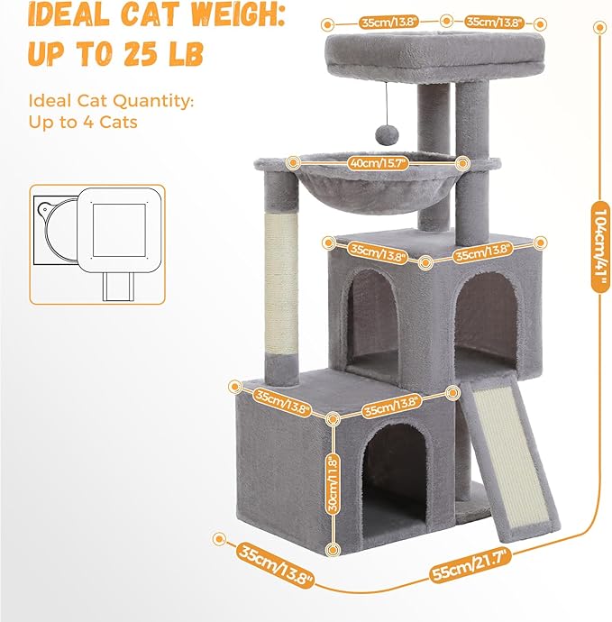 PAWZ Road Large Cat Tree, 41 Inches Multi-Level Cat Tower with 2 Spacious Condos for Indoor Cats, Large Cat House with Comfy Hammock, Padded Perch, Scratching Pad and Replaceable Balls-Gray