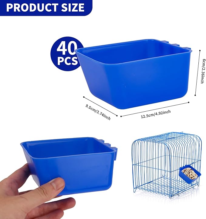 40 Pcs Cage Cups Chicken Feeder Cups 16 oz Hanging Bird Food Water Cups Bunny Cage Feeding Bowl Dish for Pet Parrot Rooster Parakeet Gamefowl Poultry Pigeon Wire Cage(Blue)