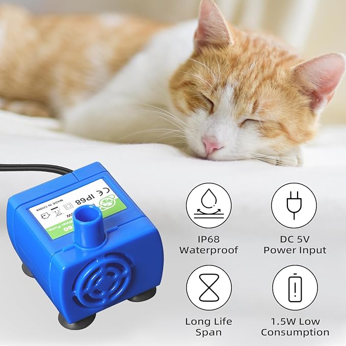 Cat Water Fountain Pump, IP68 DR-DC 160 Submersible Water Pump for Stainless Steel, Ceramic Cat Water Fountain, Cat Water Fountain Flower, Ultra Quiet Pet Fountain Pump (No Led & with Brush)