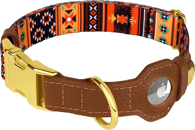 AirTag Dog Collar for Small Medium Large Breed - Adjustable Cute Pattern Dog Collar with Airtag Holder - Soft Leather Tracker GPS Apple Air Tag Pet Collars (X-Small, 9"-12" Neck Fit, Western)