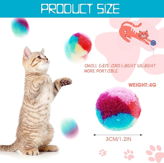 1.2 in Colorful Cat Pom Pom Ball Toys, 20 Pcs Rainbow Cat Toy Balls Soft Plush Cat Ball Interactive Training Ball for Indoor Cats & Kittens