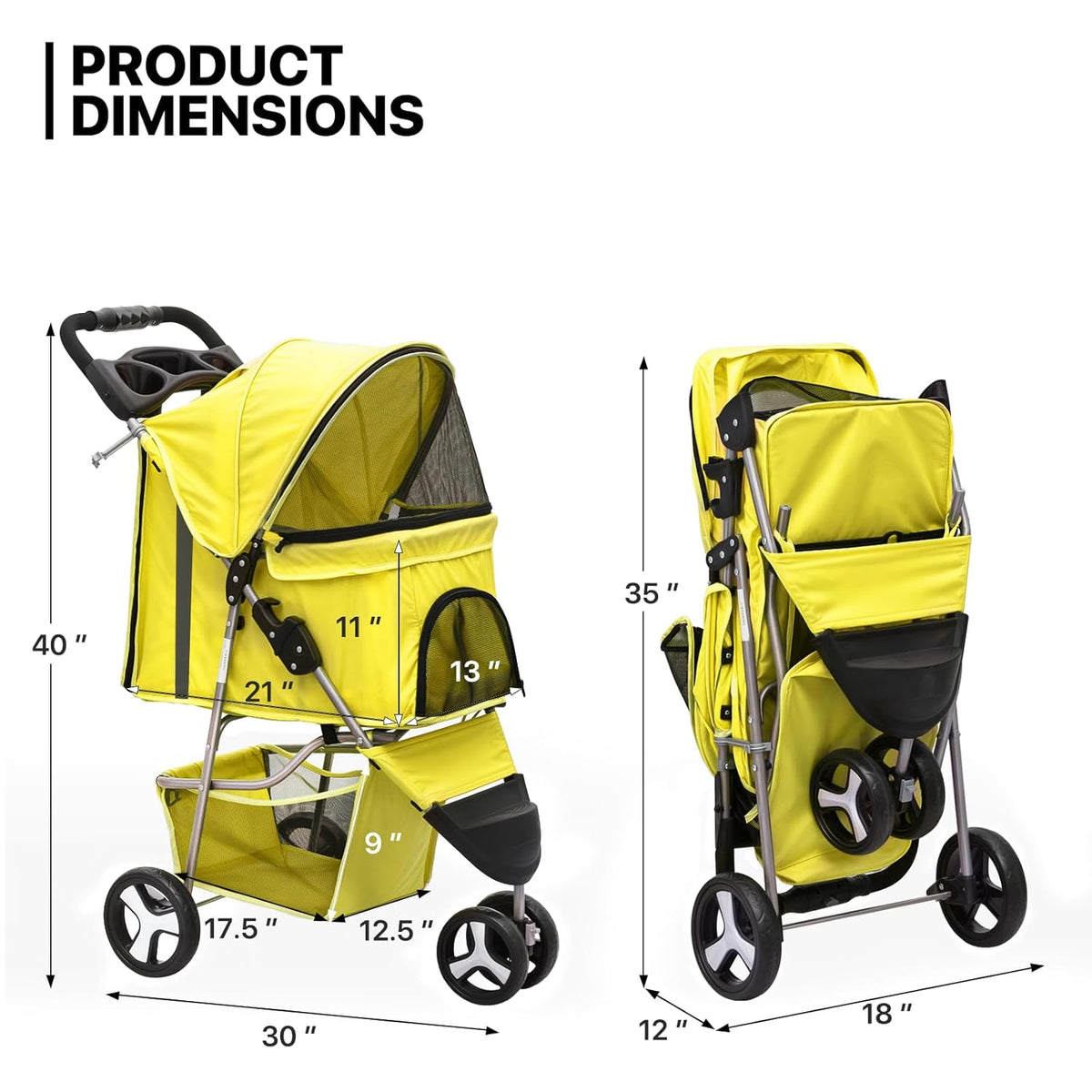 MoNiBloom Foldable Pet Stroller with Waterproof Cover, 3-Wheels Dog Strolling Cart for Small/Medium Dogs and Cats with Storage Basket and Cup Holder, Breathable and Visible Mesh for All-Season, Yellow