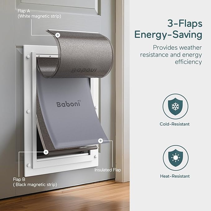 Baboni 3-Flaps Pet Door for Interior and Exterior Doors, Durable Plastic Frame and Telescoping Tunnel, Aluminum Lock/Metal Panel, Strong Magnetic Flaps, Never Rust Dog Door (Pets Up to 40 Lb) -Medium