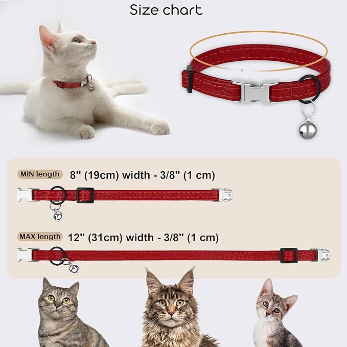 Leather Cat Collar with Buckle and Removable Bell - Non Breakaway Adjustable Soft Safety Small Pet Collars for Girl Boy Cats Kitten (Red)