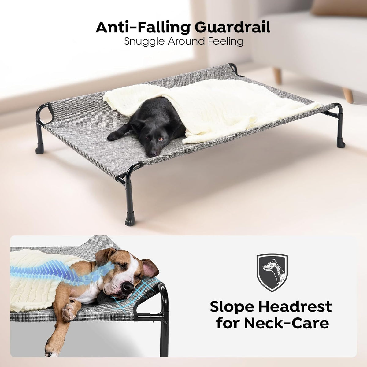 Veehoo Elevated Dog Bed, Cooling Raised Dog Bed with Guardrail & Headrest, Upgraded Non-Slip Silicon Feet, Breathable Teslin Mesh, Portable Pet Cot for Indoor and Outdoor, 35 x 22 Inches, Black Silver