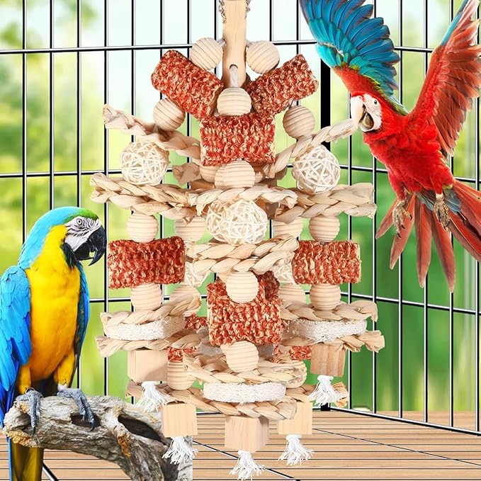 Bird Toys - Natural Corn Cob and Loofah Slices for Large Parrots, Like African Grey, Macaws, Cockatoos and Amazon Parrot - Wooden
