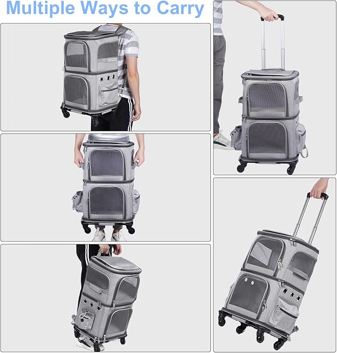 Double-Compartment Pet Carrier Backpack with Wheels for Small Cats and Dogs, Cat Rolling Carrier for 2 Cats, Perfect for Traveling/Taking a Walk/Trips to The Vet, Grey