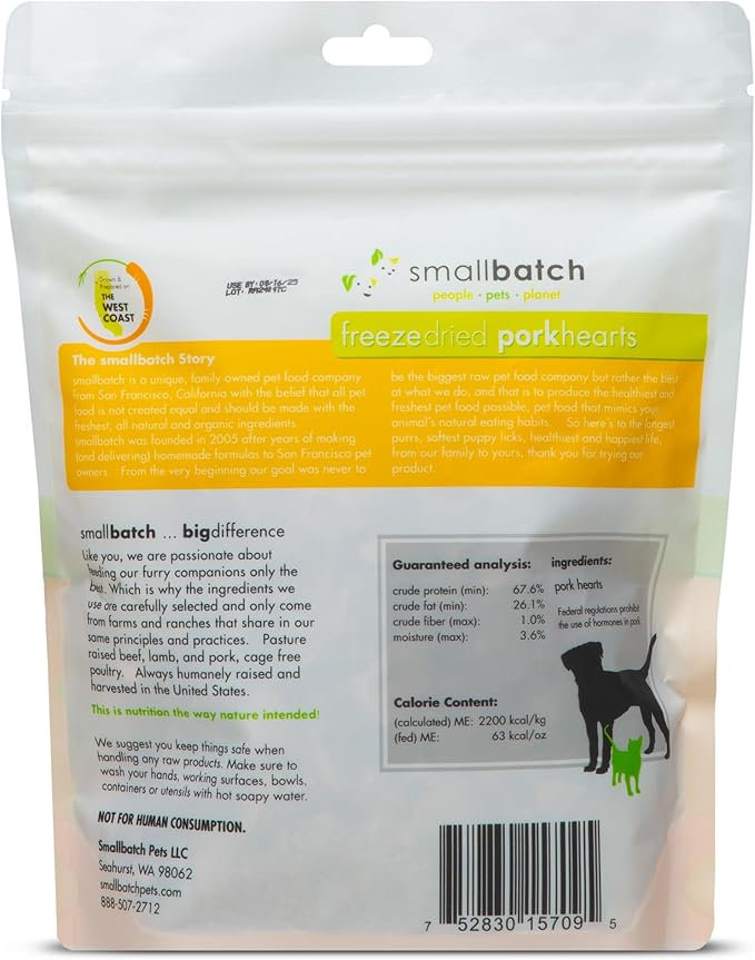 smallbatch Pets Premium Freeze-Dried Pork Heart Treats for Dogs and Cats, 3.5 oz, Made and Sourced in The USA, Single Ingredient, Humanely Raise Meat, No Preservatives or Anything Artificial