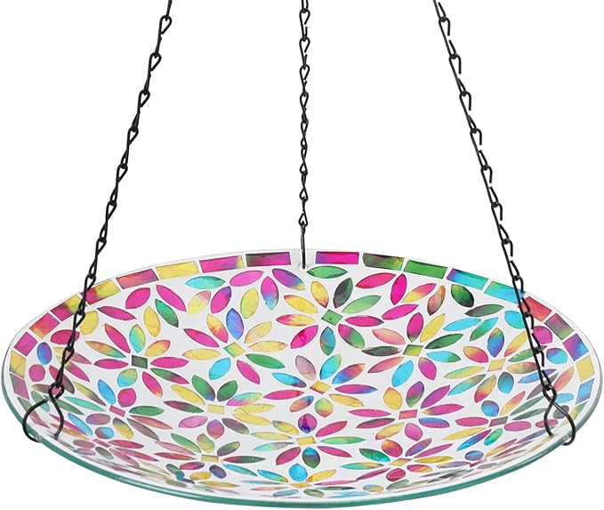VCUTEKA Hanging Bird Bath, Glass Mosaic Bird Baths for Outdoors Birdfeeder with 21 inch Rust-Proof Chain for Garden Yard Decor