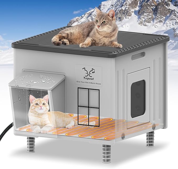 Tepoal Plastic Heated Cat House for Outside Winter, 100% Weatherproof & Insulated Outdoor Feral Cat Shelter with Safety Escape Door, Stackable Cat House with Heater for Barn Cat, Grey 17.7"x17"x17.5"