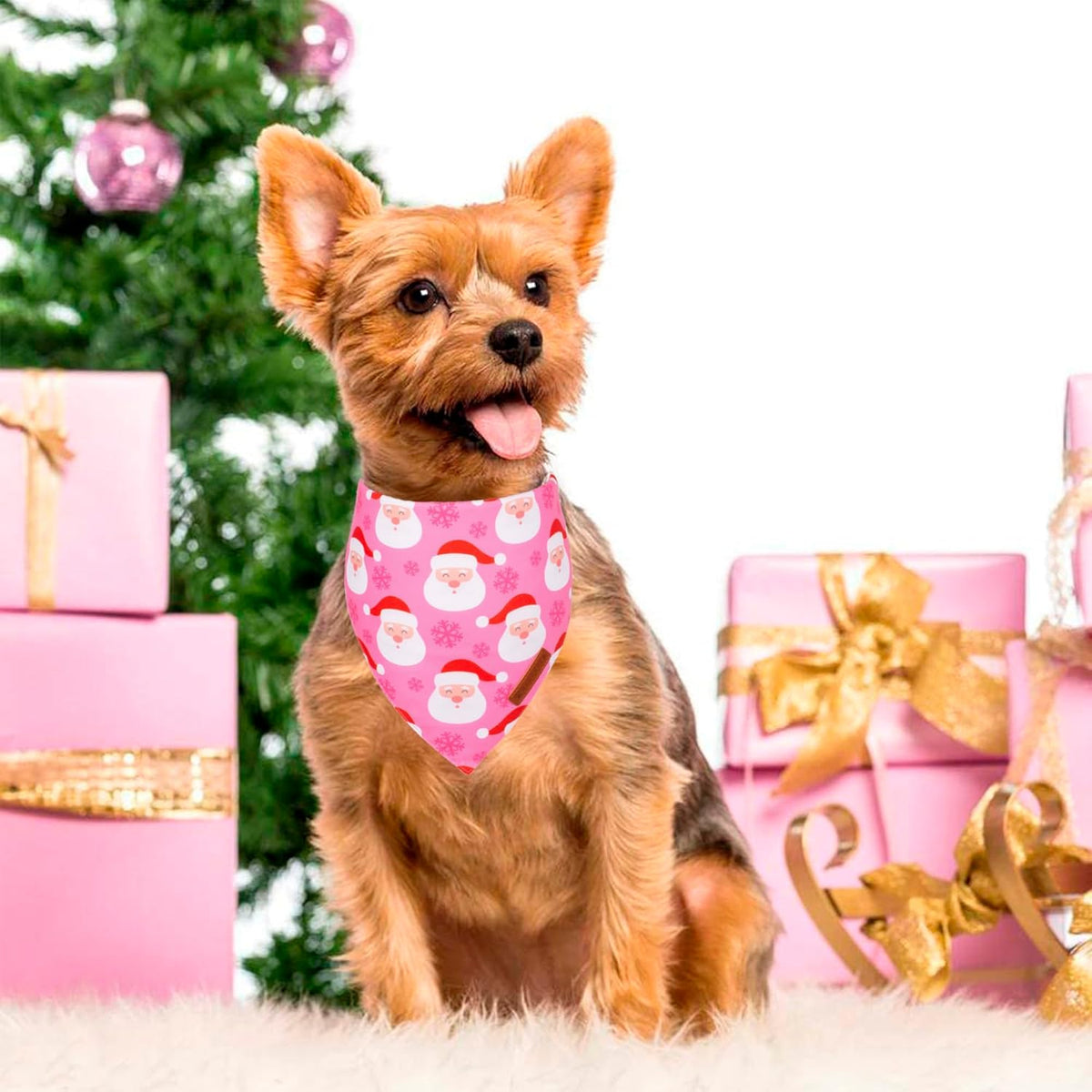 ADOGGYGO Christmas Dog Bandana, Xmas Tree Santa Pet Scarf, Premium Durable Fabric, Adjustable Fit Female Pet Christmas Bandanas for Small Dogs Puppies (Small)