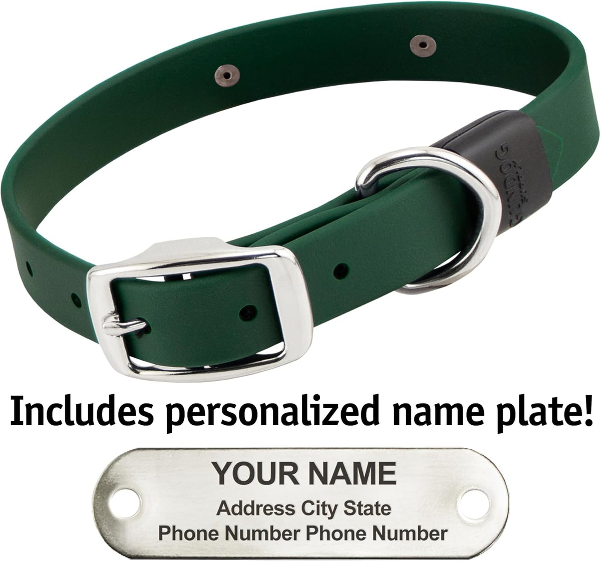 Biothane Custom Dog Collar – Waterproof, Stink-Proof Personalized Collar with Name & Phone Number – Durable, Many Sizes and Colors – Assembled in USA (Forest Green)