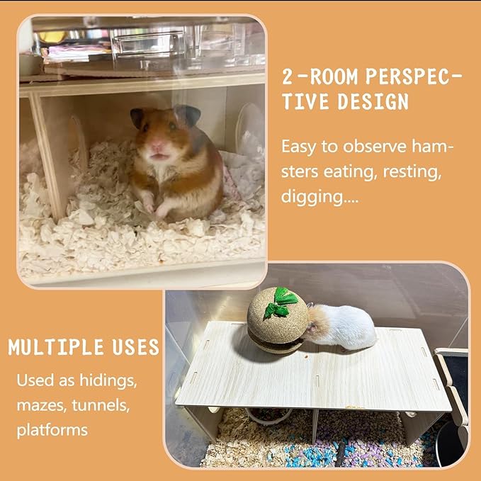 Hamiledyi Wooden Hamsters 2-Chamber Hideout-Tunnel Multi Chamber Exploring Toy Rat Exploring Tunnel Toy for Mice Guinea Pig Hedgehog Squirrel Sugar Glider(XL)