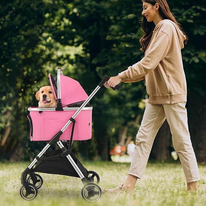 MoNiBloom Pet Stroller for Small/Medium Dogs w/Detachable Carrier & Lightweight Aluminum Frame, Folding Jogging Travel Stroller, Pink