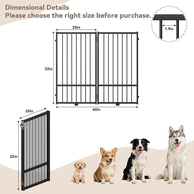 Full Metal Freestanding Dog Gate with Door, 36''Height Foldable Pet Dog Fence for Indoor & Outdoor, 2 Panels Extra Wide Free Standing TallDog Gates for Doorways,House,Stairs,Porch,Deck,Yard