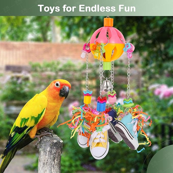 Bird Toys for Parrots and Conures, Colorful Chew Sneakers, Bell Balls, Acrylic Pacifiers, Durable Toys for Small and Medium Birds, Hanging Bird Cage