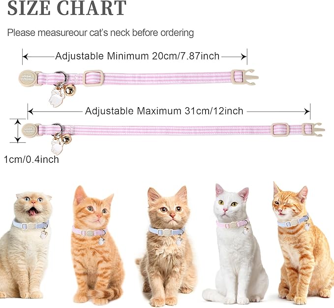 Unique style paws 2 Pack Spring Summer Kitten Collar Breakaway with Bell&Pendant, Adjustable Safety Blue Pink Stripe Cat Cotton Collar for Girl Boy Cat and Small Pet