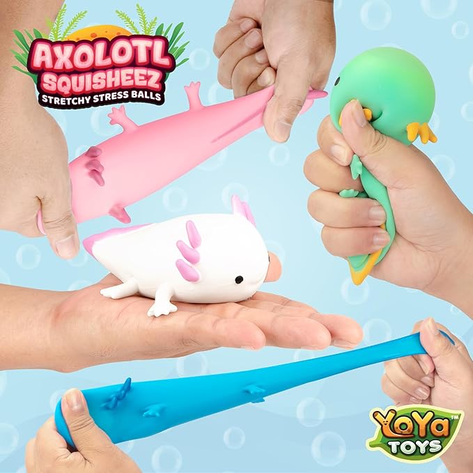 YoYa Toys Squisheez Axolotl 4Pack - Mini Squishy Animal Toys for Stress Relief - Fun and Cute Toys for Kids and Adults - Kawaii Squishies in Pink, White, Green, and Blue