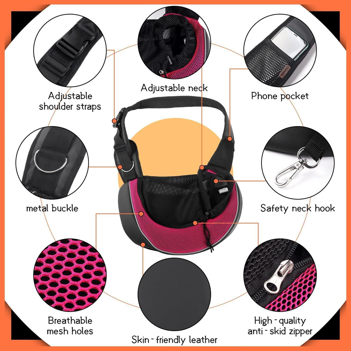 YUDODO Pet Sling Carrier for Small Dogs & Cats – Hands-Free Puppy Carrier with Safety Hook, Large Zipper Pocket, Soft Breathable Mesh, Adjustable Strap & Reflective Strip (Pink 3.0 M)