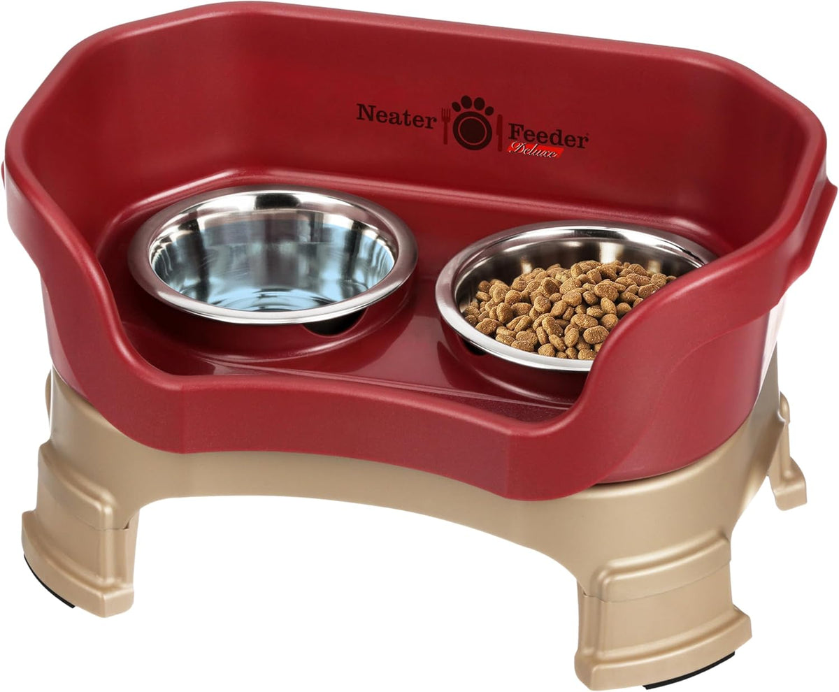 Neater Feeder Deluxe Mess Proof Cat Bowls Elevated for All Breeds – Made in USA – No Spill Raised Cat Bowls for Indoor Cats w/Leg Extensions – Stainless Steel Cat Food and Water Bowl Set - Red