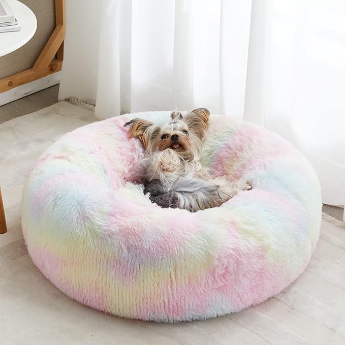 WNPETHOME Calming Dog Bed Cat Bed Donut, Faux Fur Pet Bed Self-Warming Donut Cuddler, Comfortable Round Plush Dog Beds (20 x 20 x 8 Inch, Rainbow)