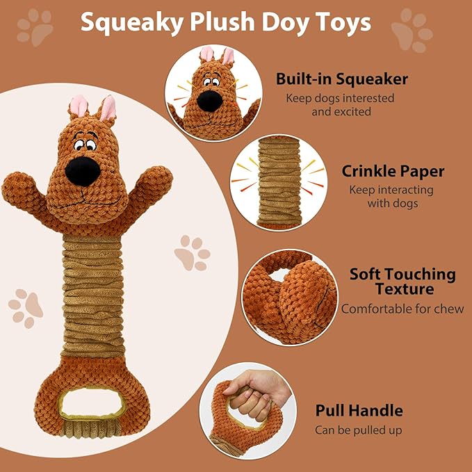 Squeak Plush Dog Toys Interactive Tug of War Puppy Toys with Crinkle Paper, Large Dog Chew Toy Pull Pet Toy for Small, Medium and Large Dogs