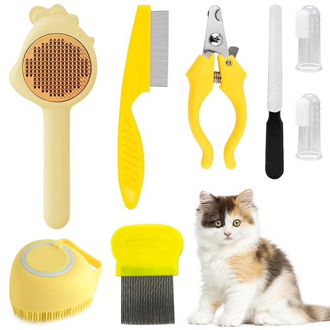 VCZONE 8 Pcs Cat Brush Grooming Kits, Pet Self Cleaning Kit with Pet Nail Clipper and File, Flea Comb, Pet Shampoo Bath Brush, Pet Shedding Brush, Silicone Toothbrush (Yellow)