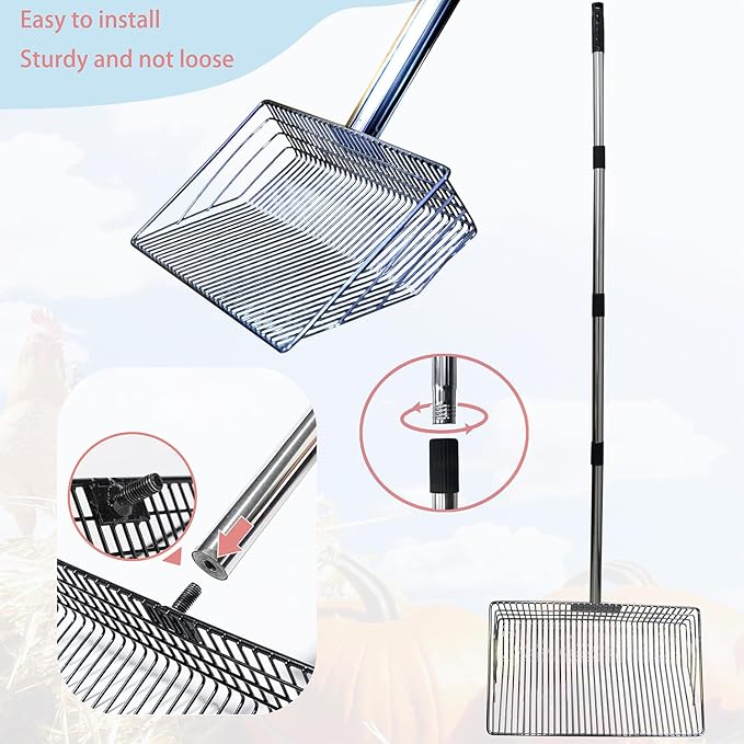 10inch Metal Chicken Poop Scooper with 54-Inch Long Handle for Coop Cleaning