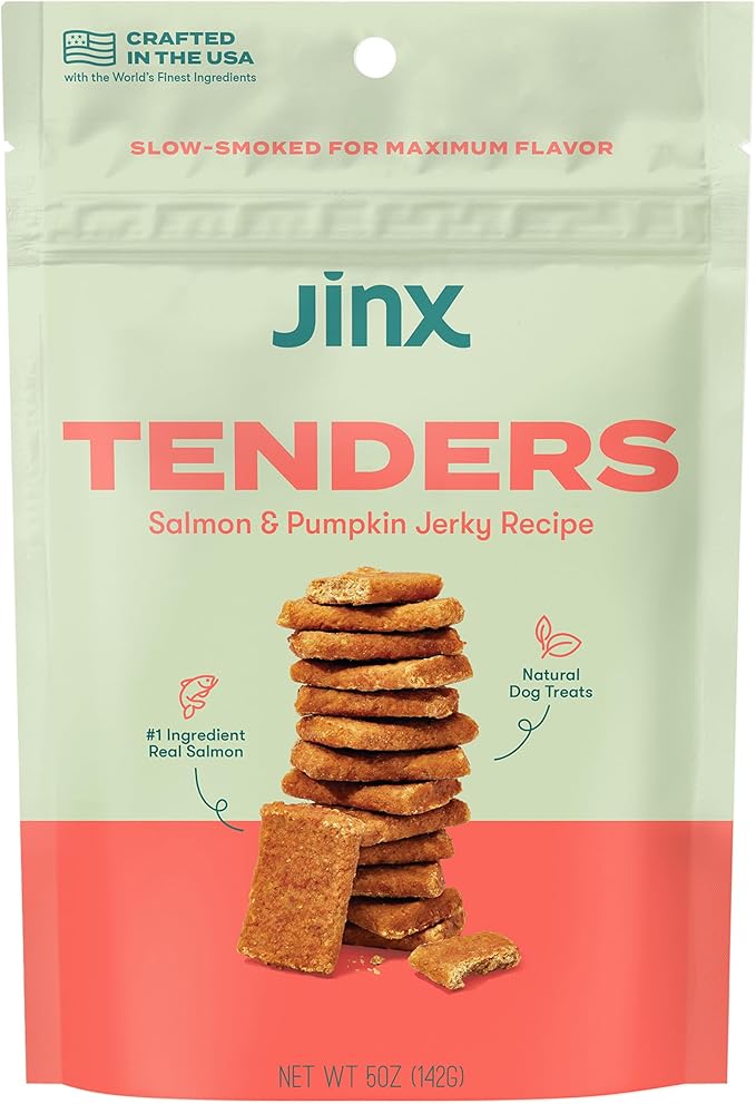 Jinx Tenders Salmon Jerky Dog Treats, All-Natural Ingredients, Soft and Chewy, Low-Calorie, Slow-Smoked Salmon & Pumpkin, No Fillers, 5oz