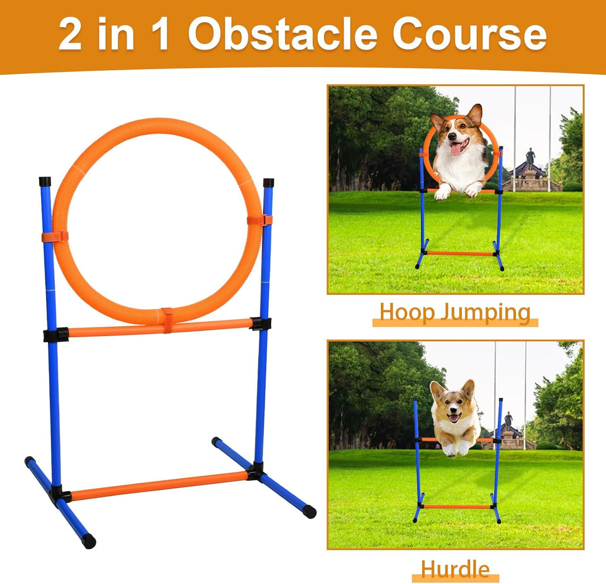 Dog Agility Equipment, 2 in 1 Dog Obstacle Course Training Starter Kit Adjustable Jump Ring/Hurdle Bar with Carry Bag