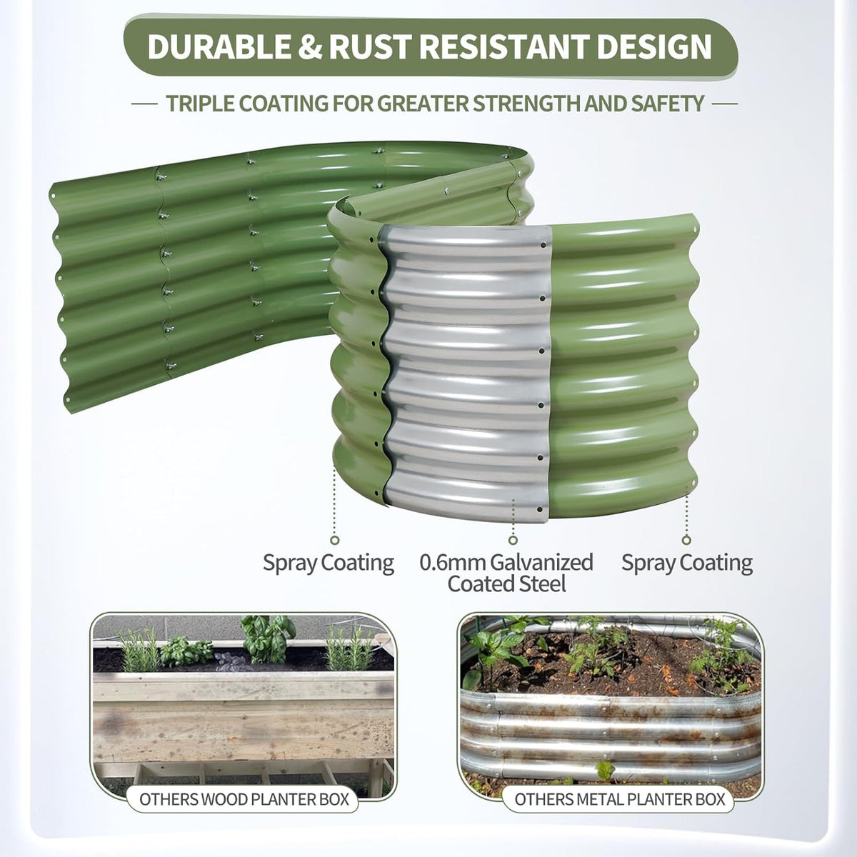 Galvanized Raised Garden Bed - 4x2x1.4FT Metal Planter Boxes Outdoor | Oval Steel Raised Bed Kit for Gardening with Protective Tape, Gloves for Vegetables, Flower, Herb (Green)