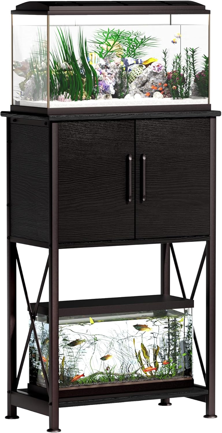 5-10 Gallon Fish Tank Stand, Metal Double Aquarium Stand with Cabinet for Fish Tank Accessories Storage, Heavy Duty 20.5" L* 11.02" W Tabletop, 500LBS Capacity Black PG06YGB