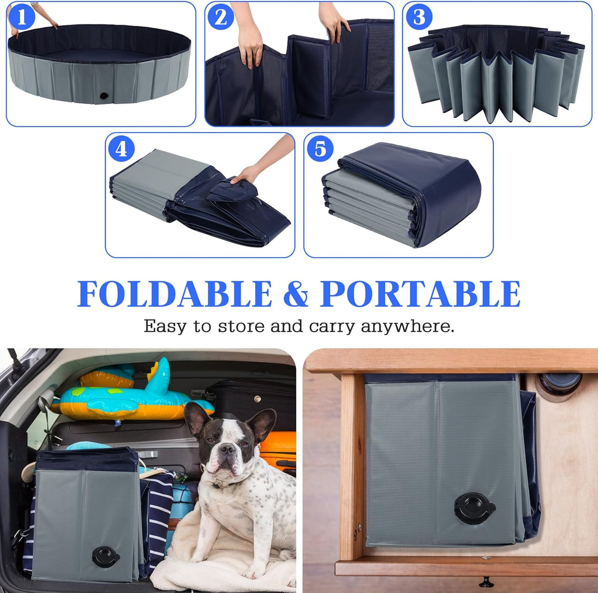 Foldable Dog Bath Swimming Pool 63'' Plastic Kiddie Pool Professional Tub Collapsible Grooming Bathtub for Pets Kids Baby and Toddler, 63 x 12 Inches Gray