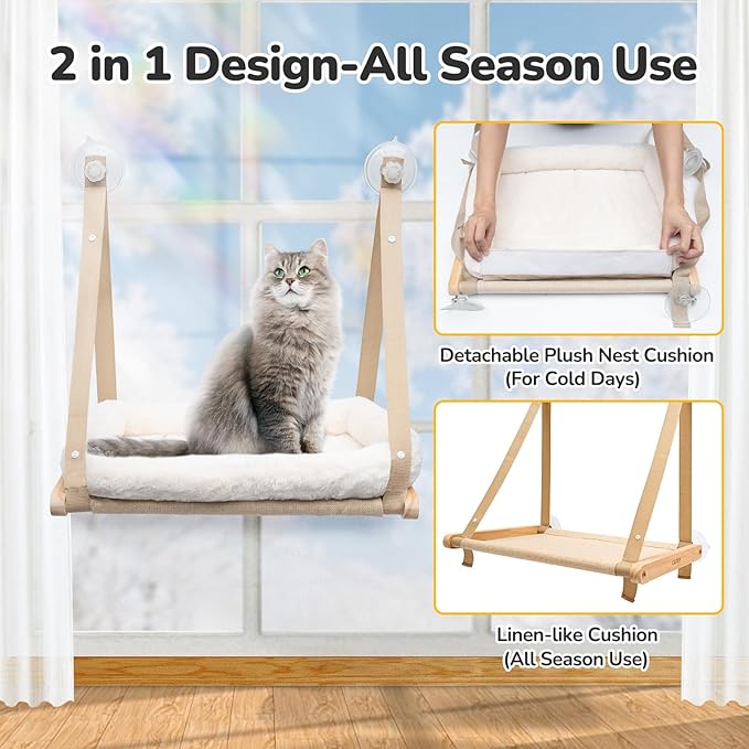 CATISM Cushion Cat Window Perch - Hammock - Window - Seat - Home - Cat Bed for Small to Medium Indoor Cats, Wooden, Machine Washable Cover, Foldable (Khaki, Cushion Bed Cover)