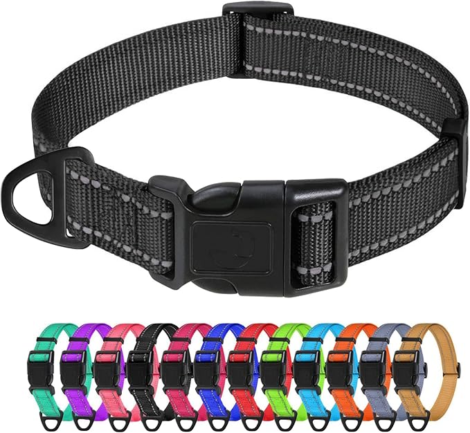 TagME Reflective Nylon Dog Collars, Adjustable Classic Pet Collar with Quick Release Buckle for Small Dogs, Black, 5/8" Width