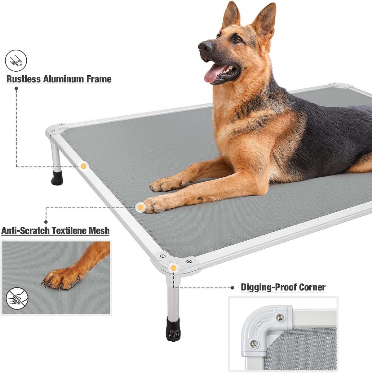 Veehoo Chew Proof Elevated Dog Bed - Cooling Raised Pet Cot - Silver Aluminum Frame and Durable Textilene Mesh Fabric, Unique Designed No-Slip Feet for Indoor or Outdoor Use, Grey, XX-Large, CWC2003