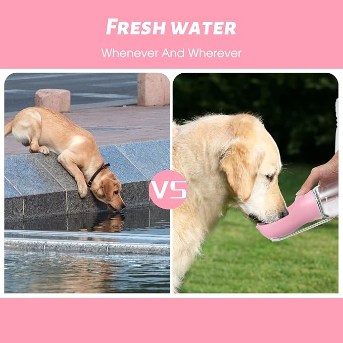 Kalimdor Dog Water Bottle, Leak Proof Portable Puppy Water Dispenser with Drinking Feeder for Pets Outdoor Walking, Hiking, Travel, Food Grade Plastic (19oz Pink)