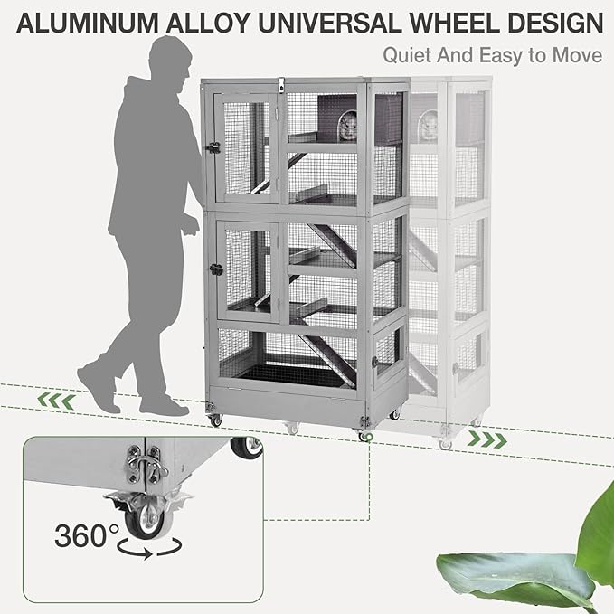 Ferret Cage Rat Cage Indoor Outdoor, Large Guinea Pig Cages with 5 Levels, Wooden Chinchilla Cage with Wheels for Hamster, Chameleon, Gerbils and Other Small Animals Anti-Chewing