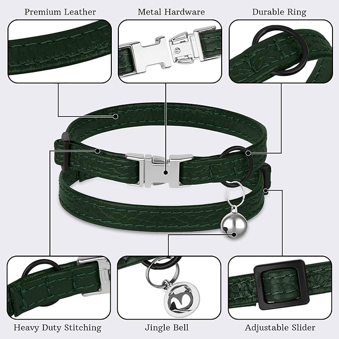 Leather Cat Collar with Buckle and Removable Bell - Non Breakaway Adjustable Soft Safety Small Pet Collars for Girl Boy Cats Kitten (Green)