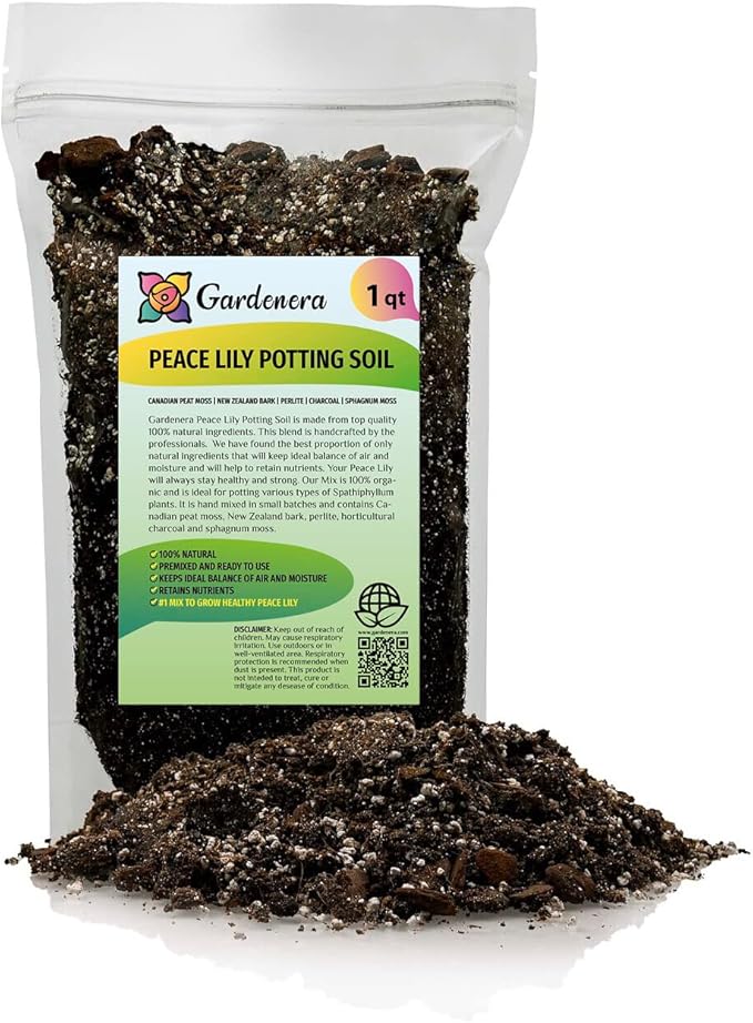Gardenera's Expert Blend for Peace Lilies: Canadian Peat Moss, New Zealand Bark, Perlite, Bamboo Charcoal Ideal for Indoor Plants - [1-Quart Bag]