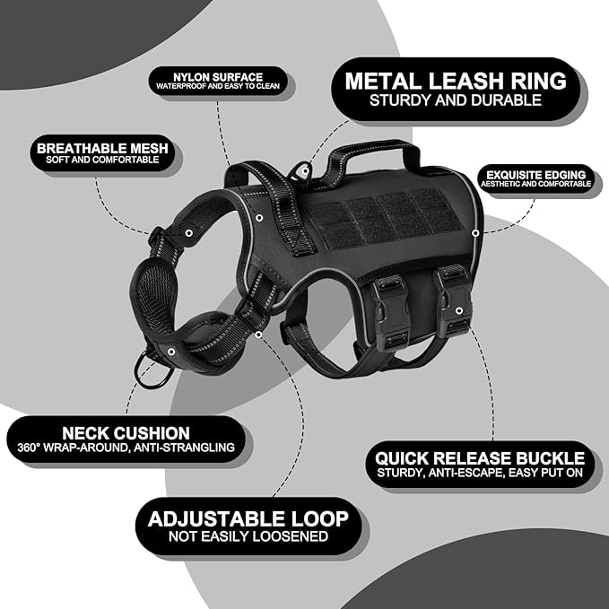 Tactical Dog Harness Medium Sized, Heavy Duty No Pull Dog Harness with Handle, Easy On and Off Service Dog Vest with Molle System, Reflective Pet Vest for Walking Hiking Training
