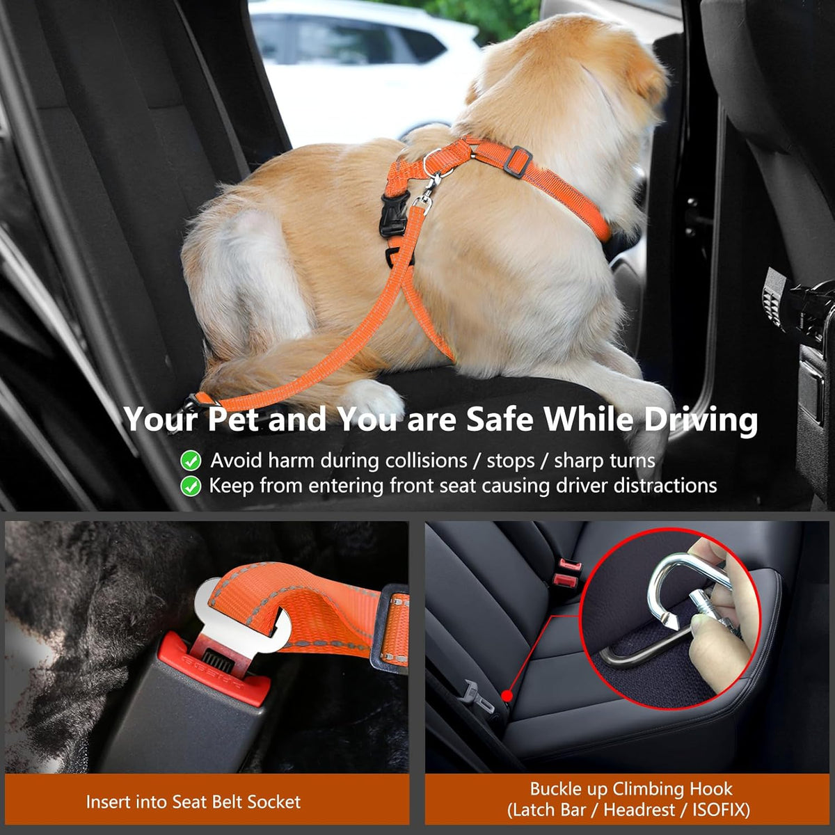 Dog Seat Belt Harness for Car, Dog Car Harness Adjustable Mesh Breathable & Dogs Seatbelt Safety Tether with Elastic Bungee for Small Medium Large Pets(Orange, L)